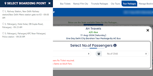 Choosing boarding & dropping points - Step 4 in how to book delhi darshan tickets