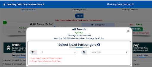 Select number of passengers - Step 3 in How to book delhi darshan